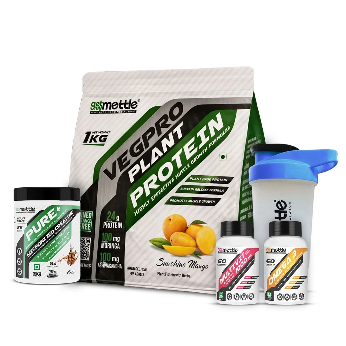 Veg Pro 1kg + Creatine 100gm cola + Omega 3 + Multivit with ginseng + Shaker