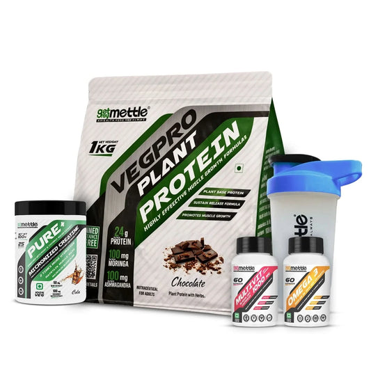 Veg Pro 1kg + Creatine 100gm cola + Omega 3 + Multivit with ginseng + Shaker