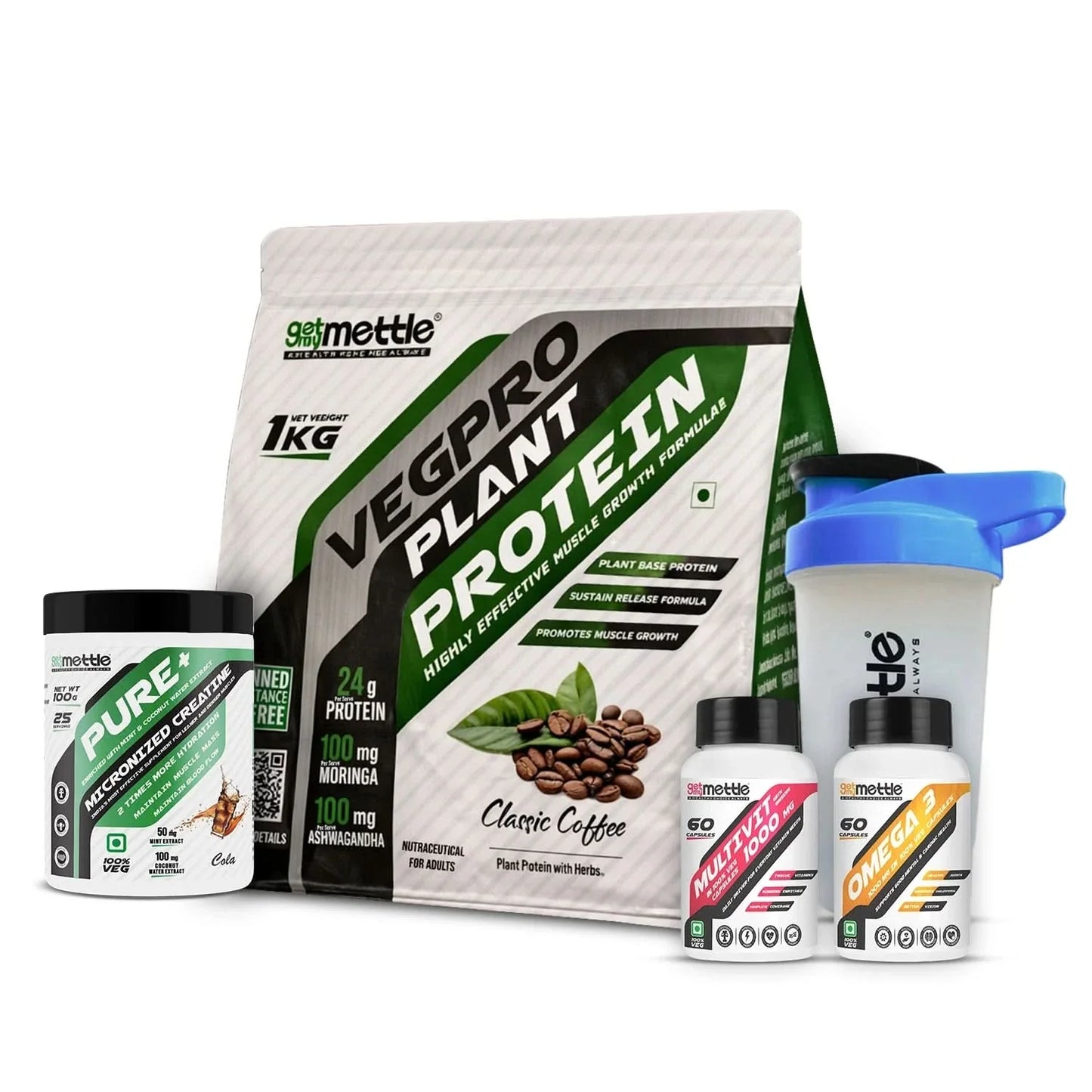 Veg Pro 1kg + Creatine 100gm cola + Omega 3 + Multivit with ginseng + Shaker