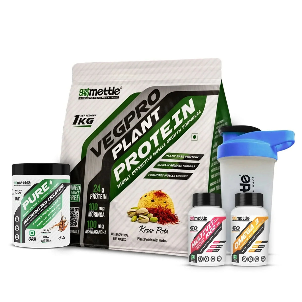 Veg Pro 1kg + Creatine 100gm cola + Omega 3 + Multivit with ginseng + Shaker